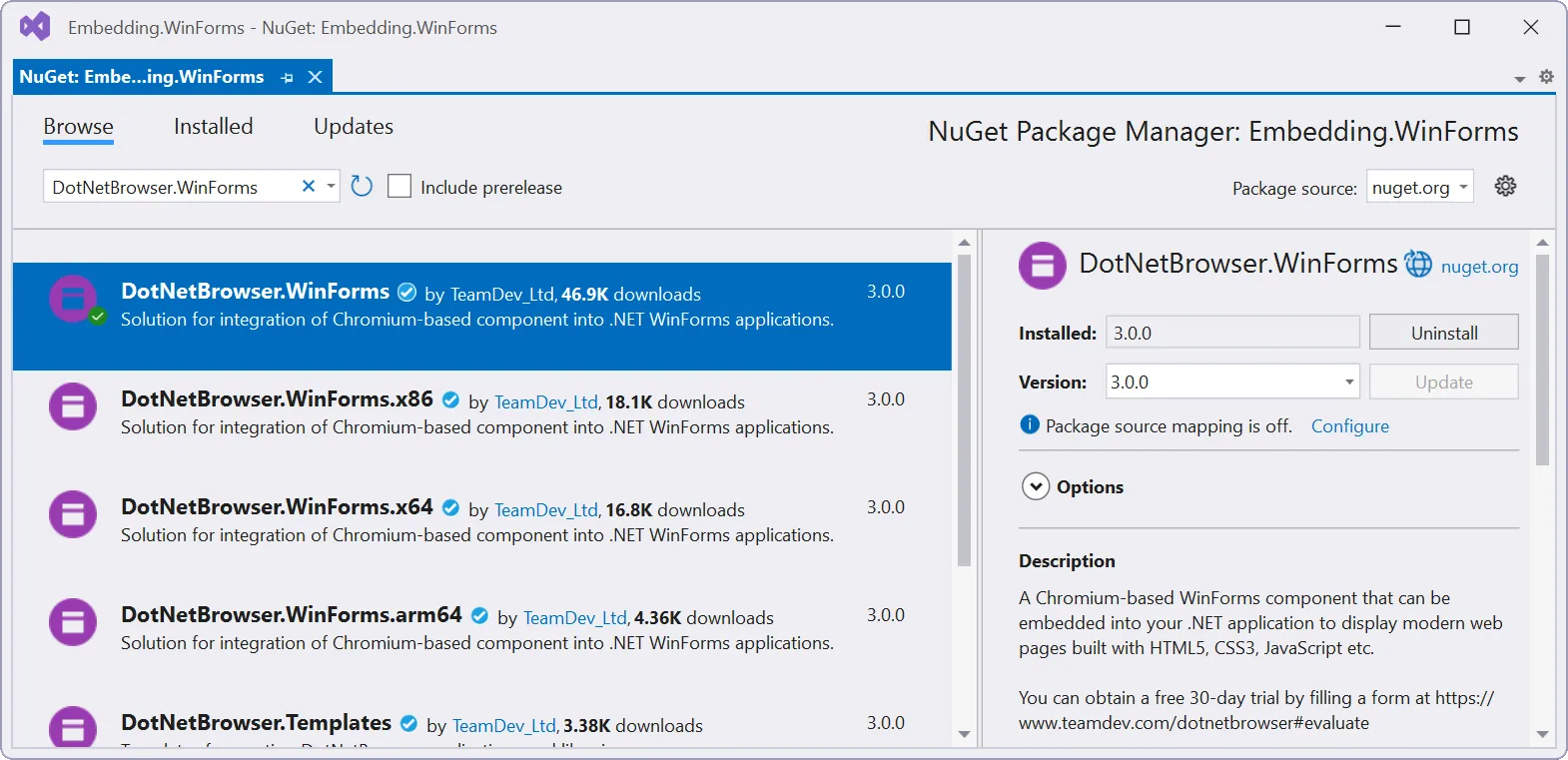 DotNetBrowser 的 NuGet 包列表