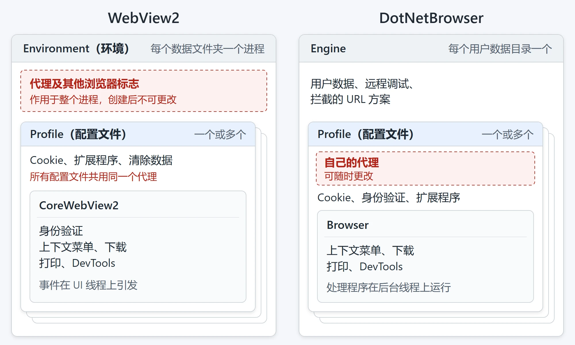 WebView2 和 DotNetBrowser 分别在何处保存代理、配置文件和处理程序