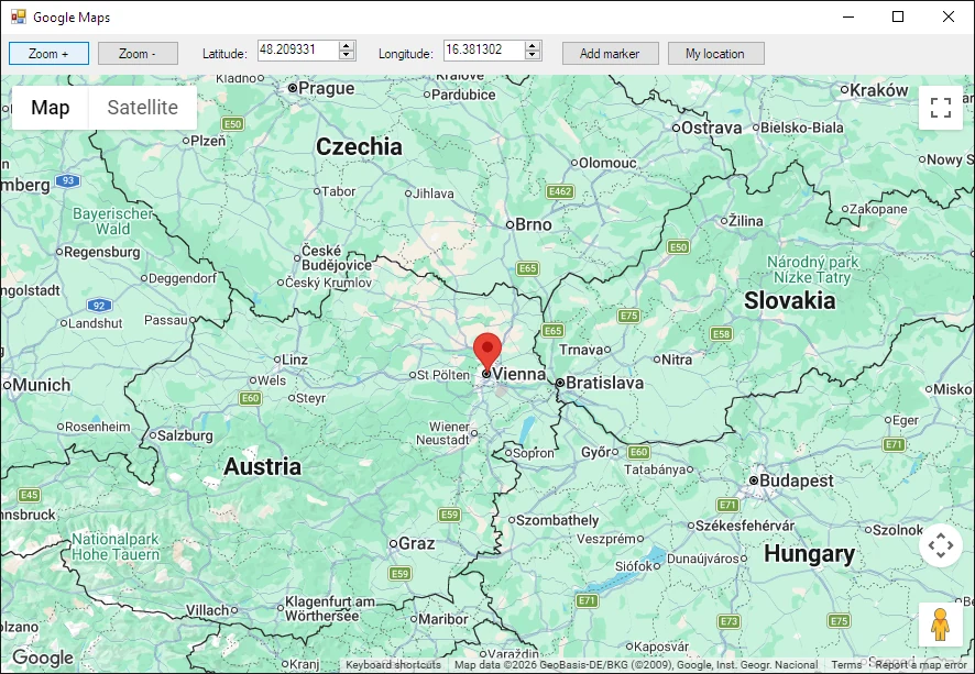 A WinForms window showing Google Maps with a marker on Vienna