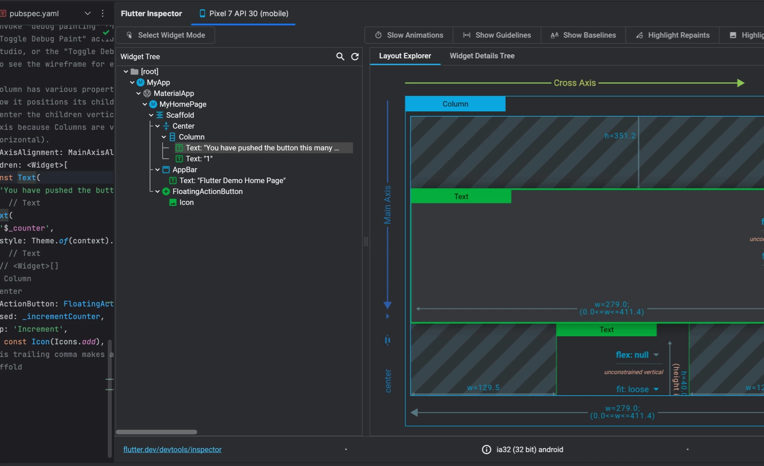 Android Studio 中 Flutter 检查器选项卡的预览。