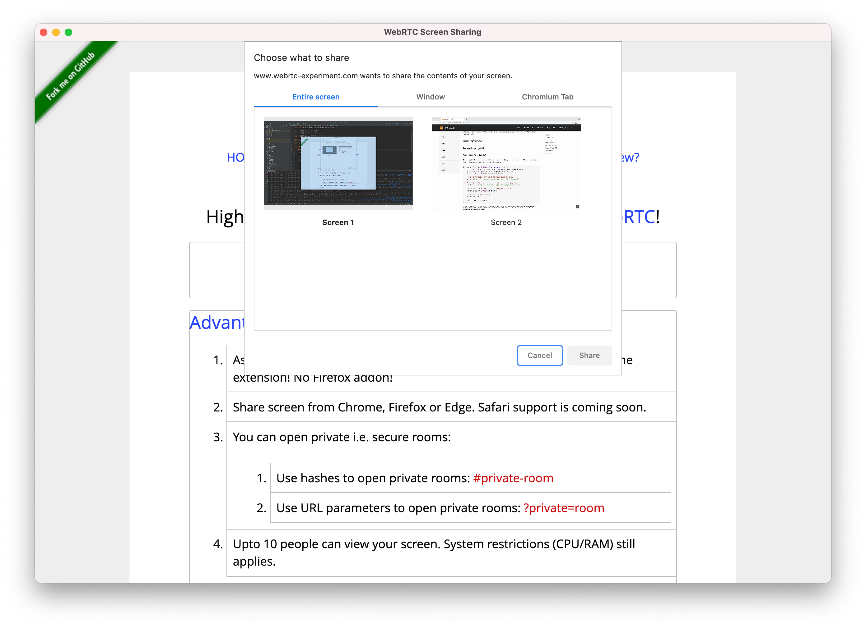 WebRTC Screen Sharing Dialog