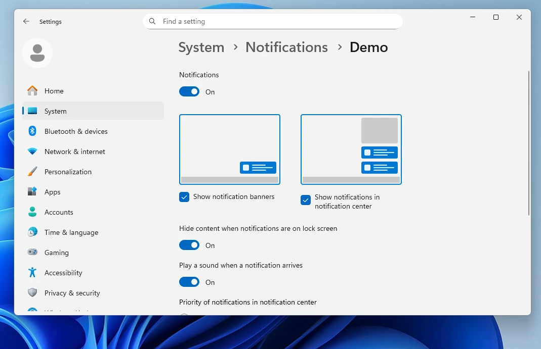 Notification permission dialog on Windows