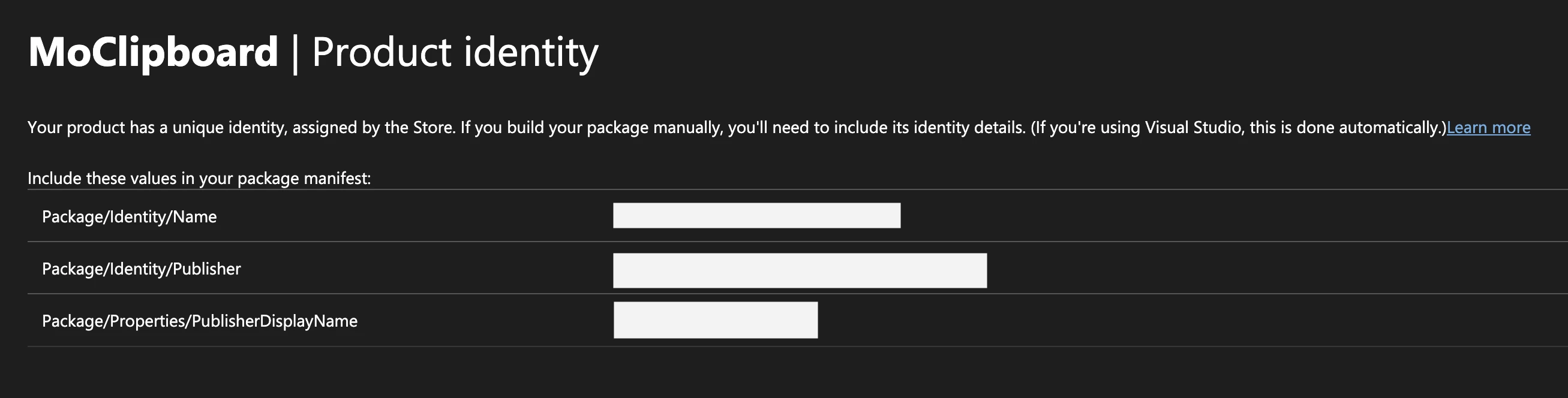 Product identity page in Partner Center