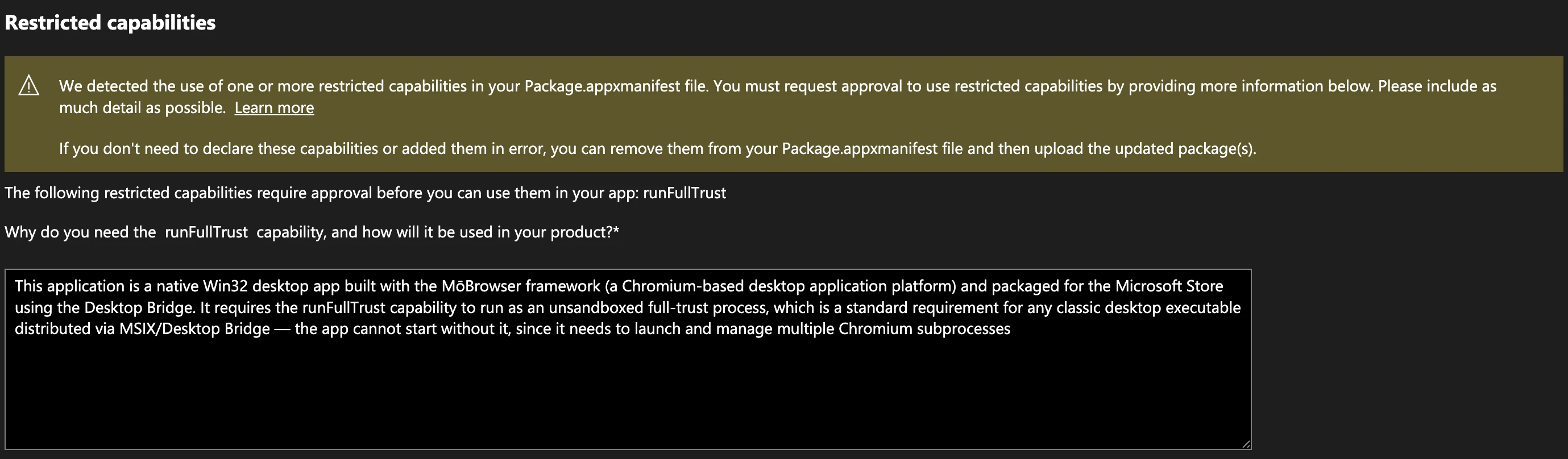 Restricted capabilities section in Partner Center