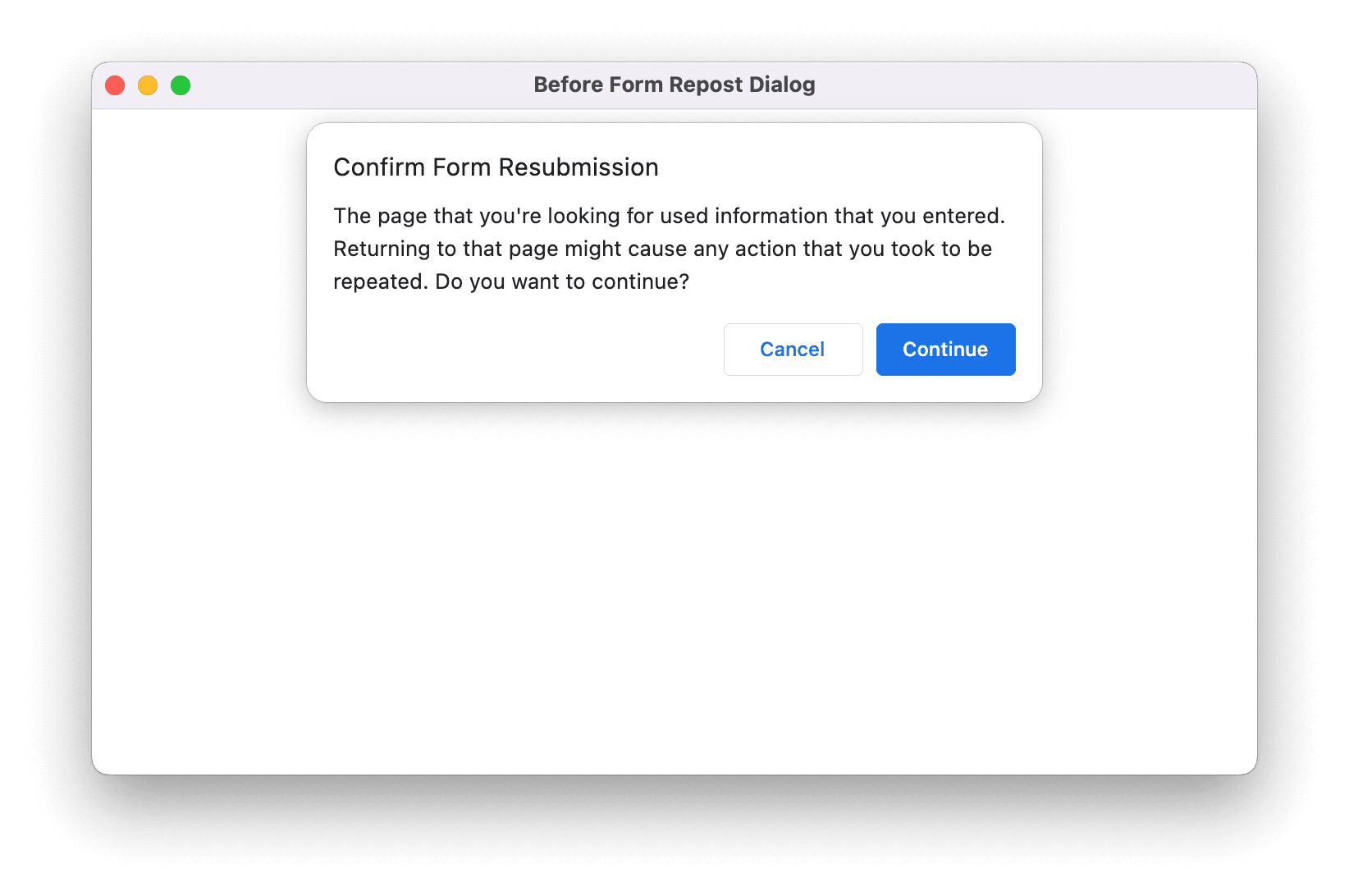 Before Form Repost dialog